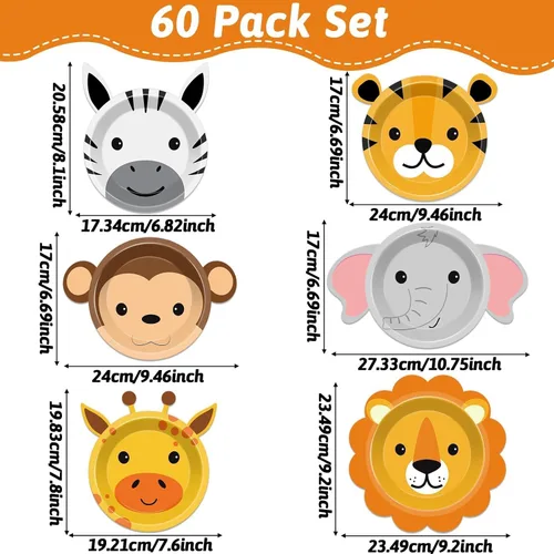 Miniatura 2 de 60 platos de papel para fiesta de safari en la selva, platos desechables en forma de animales, platos de fiesta temática de safari, platos de fiesta