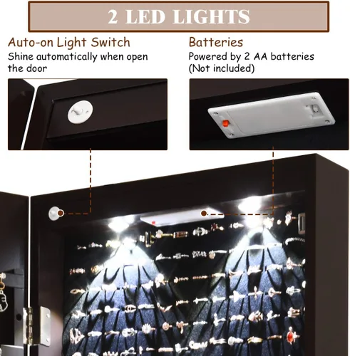 Miniatura 85 de Giantex Armario de joyería para puerta de pared con espejo de longitud completa, 2 LED con cerradura grande organizador de joyas con espejo ancho