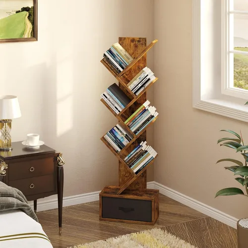 Miniatura 4 de Rolanstar Estantería con cajón, estantería de árbol de 4 estantes, estanterías de madera rack de almacenamiento para CDs/películas/libros