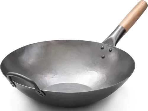 Miniatura 2 de Craft Wok Wok plano de 14 pulgadas con tapa, juego de tapa tradicional de acero al carbono martillado y cúpula para pow wok, parte inferior plana