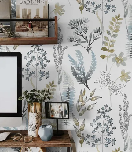 Miniatura 6 de NextWall Wild Garden - Papel tapiz autoadhesivo (azul glaciar y latón mate)