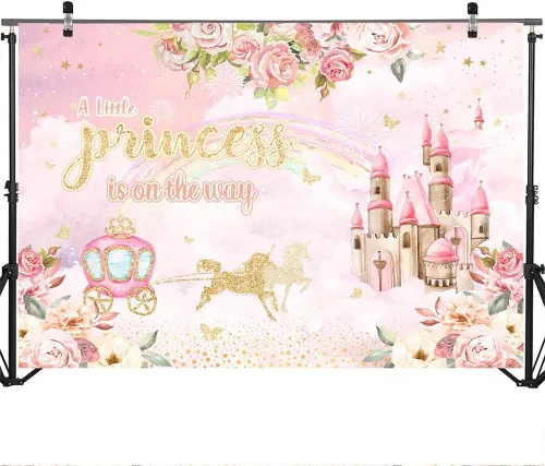 Miniatura 3 de Mocsicka Telón de fondo de princesa para baby shower, decoración de carruaje de castillo floral para niña, castillo rosa, una pequeña princesa está