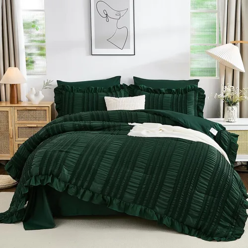 Miniatura 12 de Juego de edredón Queen de WONG BEDDING, edredón blanco y lindo con volantes para cama Queen, juego de 7 piezas en una bolsa, juego de cama