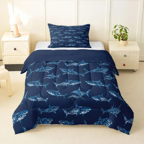 Miniatura 31 de Erosebridal Juego de edredón de tiburón, tamaño individual, juego de ropa de cama de vida oceánica para niños y niñas, color verde azulado