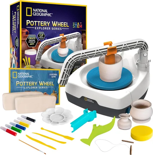 NATIONAL GEOGRAPHIC Rueda de cerámica para niños – Juego completo de cerámica para principiantes, motor de enchufe, 2 libras. Arcilla seca al aire,