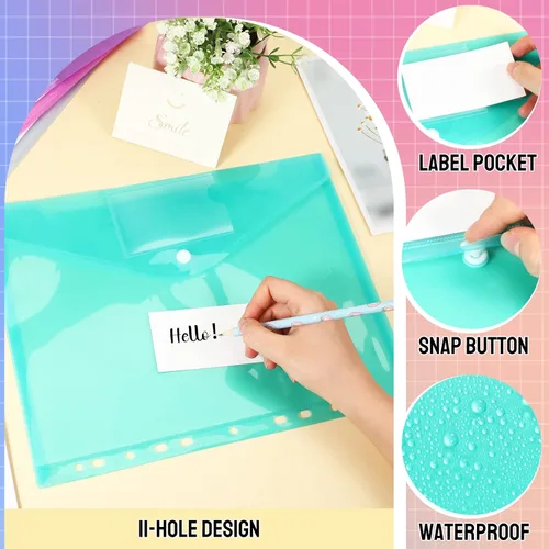 Miniatura 3 de Fuutreo 5 Pcs Binder Pockets for 3 Ring Plastic Envelopes Pocket Folders 11 Hole Snap Button Binder Pouch with Label Expandable Organizer for 2/3/4