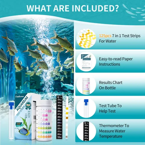 Miniatura 7 de Umlecoa Kit de prueba de acuario 7 en 1 para agua dulce y salada - 125 tiras de prueba de acuario con tubo de ensayo y termómetro - Tiras de prueba