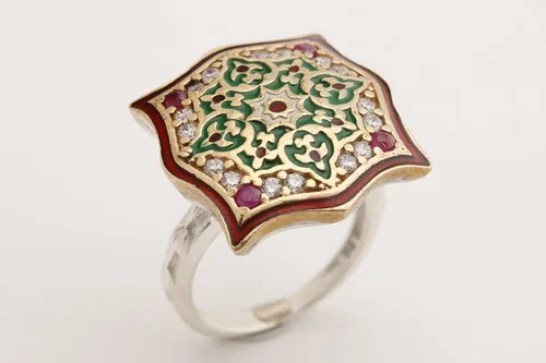 Miniatura 8 de Motif Style Turkish Handmade All Authentic Jewelry Red Enamel Round Cut Ruby Topaz 925 Sterling Silver Ring Size All