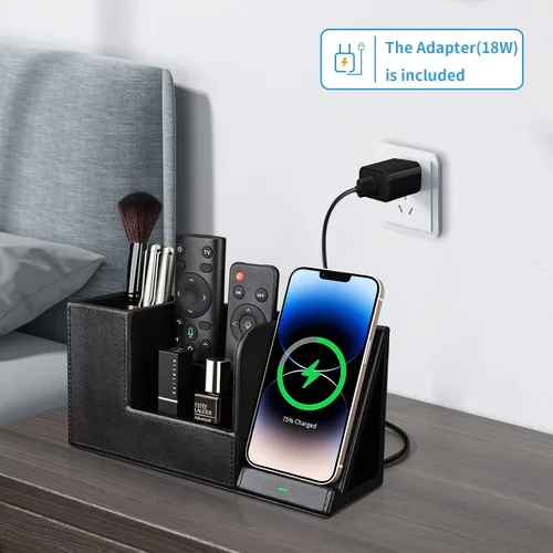 Miniatura 3 de KINGFOM Organizador de escritorio de cuero PU con soporte de estación de carga inalámbrica para iPhone 10W, soporte rectangular para caja