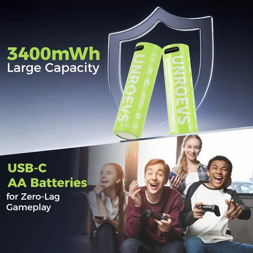Miniatura 4 de UNROEVS Baterías AA de litio recargables USB, 3400 mWh 1.5 V recargable doble A con cable USB-C 2 en 1, carga rápida de 2 horas, más de 1200 ciclos.