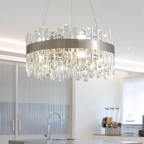 Miniatura 30 de Siljoy Candelabro moderno de cristal de 12 luces de oro cepillado de 2 niveles con forma de gota de lluvia de cristal, ajustable, montaje al ras