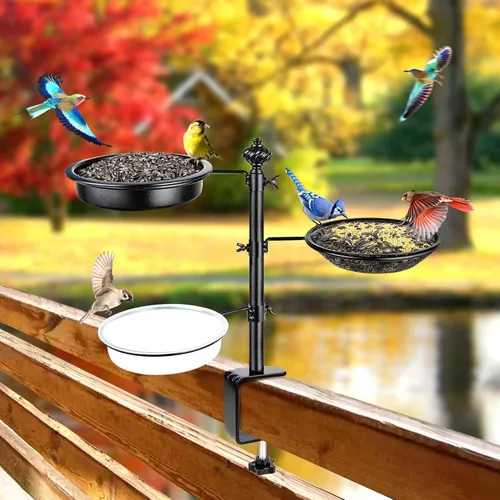 Miniatura 4 de Comedero para pájaros de barandilla para balcón, BOLITE comederos para pájaros para el exterior, tres bandejas, versión mejorada, negro, regalos