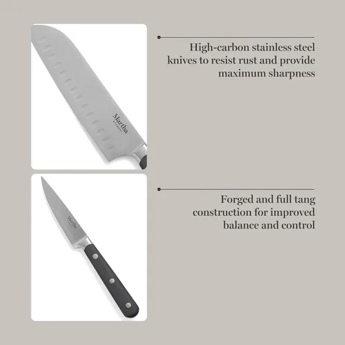Miniatura 4 de Martha Stewart Eastwalk Juego de 14 cuchillos de acero inoxidable de alto carbono con mango forjado remachado triple de ABS, bloque de madera de Gris