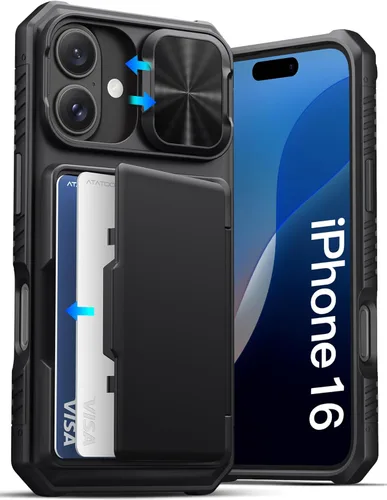 ATATOO Funda para iPhone 16 con tarjetero (almacena 3-5 tarjetas) [bloqueo RFID] y funda para cámara deslizante, protección de grado militar, funda
