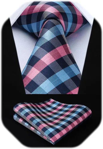Miniatura 21 de HISDERN Conjunto de corbata a cuadros a cuadros pañuelo tejido clásico formal para hombre corbata y bolsillo cuadrado