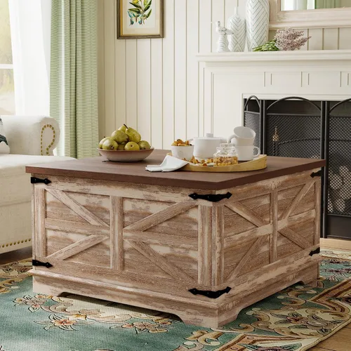 Miniatura 7 de senlin Mesa de café de casa de campo, mesa de café resistente con almacenamiento, mesa central cuadrada de madera con compartimento