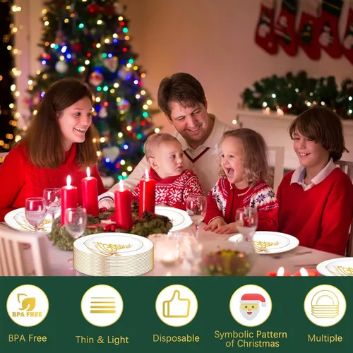 Miniatura 6 de EBOOT 60 piezas de platos de Navidad, platos de plástico de árbol de Navidad redondos desechables para postre y cena, suministros para fiesta