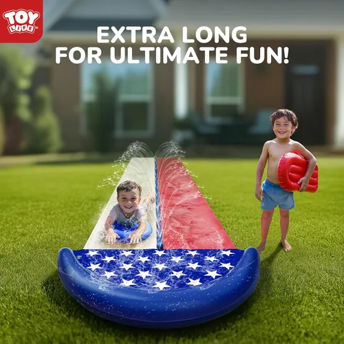 Miniatura 9 de TOY Life Toboganes acuáticos gigantes de bandera estadounidense para niños, tobogán acuático de 20 pies, patio trasero con 2 tablas de bodyboard, 2