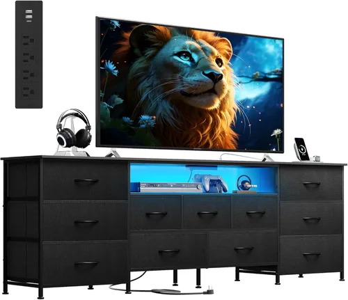 WLIVE Soporte de TV de 75.5 pulgadas para TV de 65, 75, 80, 85 pulgadas, cómoda para dormitorio con tomas de corriente y luces LED, cómoda de tela