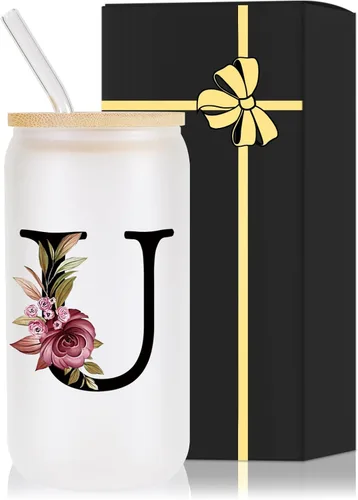 Miniatura 17 de Vaso de vidrio con monograma con tapa de bambú, popote personalizado, vaso de café helado de 16 onzas, tarro transparente de masón, cerveza, agua