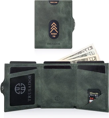 Miniatura 3 de TRUSADOR Valencia Cartera de piel unisex pequeña compacta bolsillo frontal RFID con bolsillo monedero, Verde, Con bolsillo para monedas