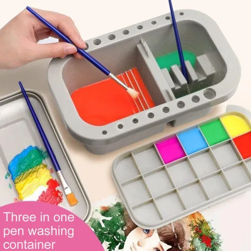 Miniatura 2 de Bibabala Limpiador de pinceles de pintura al óleo con bandeja de paleta de pintura, tazas de pintura con tapas, soporte para pinceles de pintura