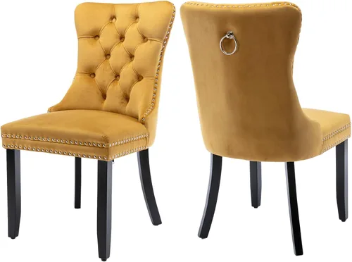 Miniatura 47 de Juego de 2 sillas de comedor de terciopelo, silla de comedor tapizada de alta gama con tirador de anillo en la espalda, adorno de clavos y patas