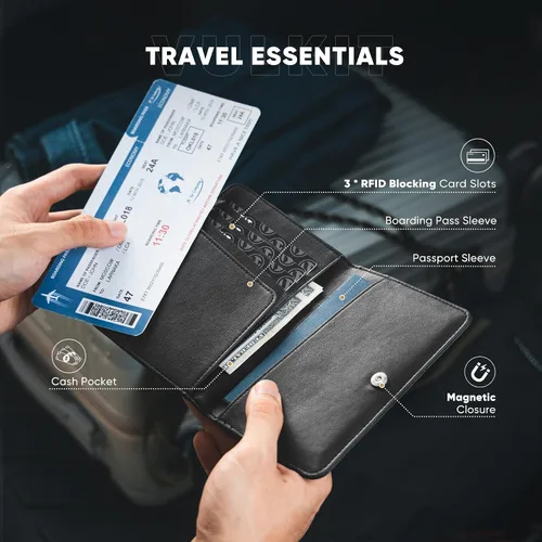 Miniatura 3 de VULKIT Soporte para pasaporte, cierre magnético, bloqueo RFID, cartera de viaje, funda para libro de pasaporte, soporte para tarjeta de embarque