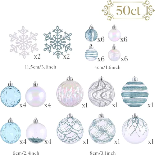 Miniatura 3 de Valery Madelyn Juego de Adornos para Árbol de Navidad, 50 piezas Azul Claro Plateado Irrompible Decoraciones Navideñas, Bolas Colgantes Azul claro