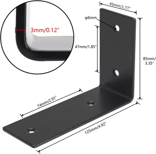 Miniatura 3 de YUMORE Soportes en L resistentes, soportes de estante de acero inoxidable de 5x3x1.8 pulgadas montados en la pared para estantes flotantes Negro