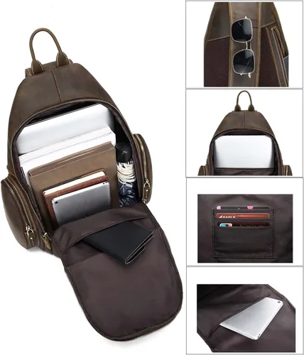 Miniatura 6 de Bolsa de cuero genuino de grano completo, se adapta a portátil de 14 pulgadas, pecho de viaje cruzado bandolera bandolera mochila bolsa de día 17L