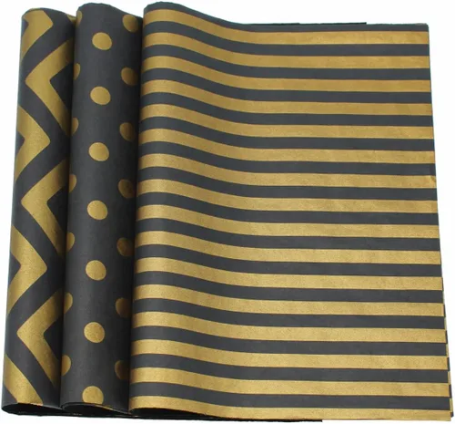 Miniatura 3 de PMLAND Papel de seda de alta calidad para envolver regalos, color negro metálico dorado con rayas zigzag, 20 x 14 pulgadas, 60 hojas