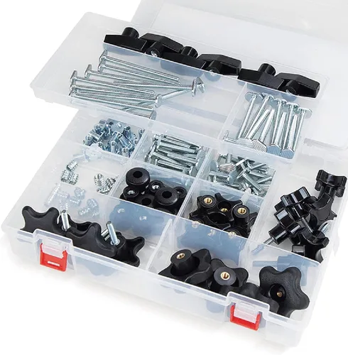POWERTEC 71128 Juego de 128 piezas de perillas en T, pernos roscados y arandelas de 5/16"-18, pernos de riel en T, accesorios de riel en T para