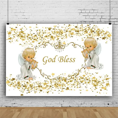 Miniatura 2 de Telón de fondo de 5 x 3 pies con texto en inglés "God Bless First Holy Comunion Bautismo" Bautizo Fondo Ángel Baby Lentejuelas Doradas Estrella