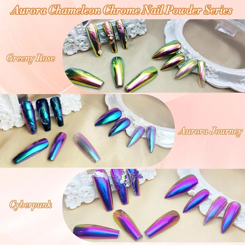 Miniatura 6 de FNNZ Polvo para uñas cromado camaleón, polvo de pigmento para uñas con cambio de color, polvo de purpurina con efecto espejo mágico camaleón, efecto