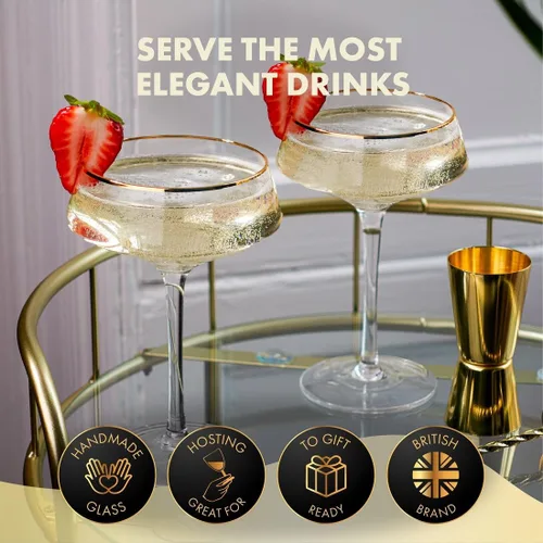 Miniatura 5 de VEMACITY - Juego de 4 vasos de Martini Espresso de lujo Vasos Coupé de 10 onzas con bordes dorados para champán, Cosmopolitans - Incluye jigger