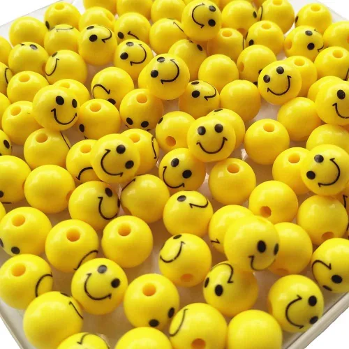 Miniatura 5 de 100 cuentas acrílicas de cara sonriente linda para pulseras, collares, manualidades y fabricación de joyas (colores mezclados, 0.394 pulgadas)