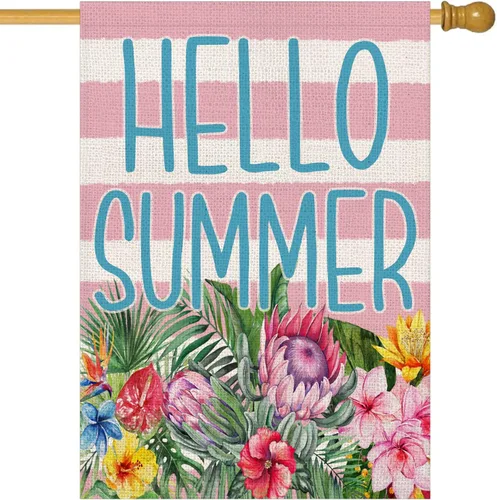 Miniatura 11 de Bandera de geranio para casa de primavera y verano, arpillera de doble cara, abejas florales rojas con cita para el hogar, bandera decorativa