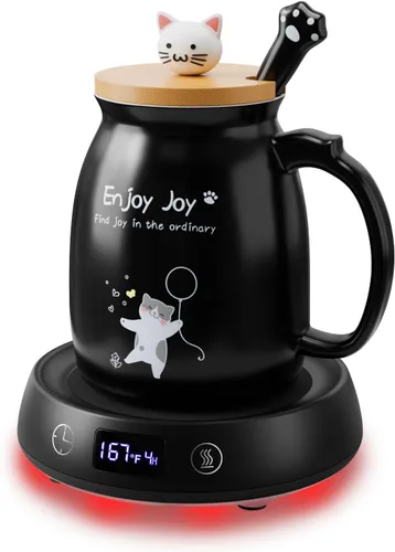 Calentador de taza de café con bonito juego de tazas de gato, calentador eléctrico de 8 horas de apagado automático para escritorio, oficina, hogar,