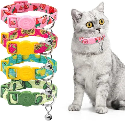 Miniatura 7 de azuza Paquete de 4 Collares para Gatos y Gatitos de Liberación Rápida con Campana, Hebilla Segura Ajustable 2#Fruta