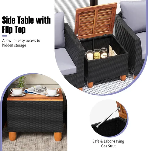 Miniatura 4 de COSTWAY Juego de muebles de ratán de 3 piezas, juego de sillas de mimbre para exteriores con mesa de centro de madera de acacia y cojín lavable