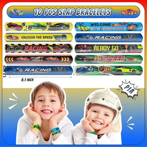 Miniatura 4 de Juego de 120 piezas de regalos de fiesta de coche de carreras con llaveros, pulseras de golpear, pegatinas de tatuajes, pulseras, cajas