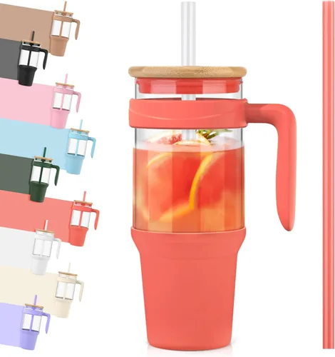 Miniatura 15 de Tronco Vaso de vidrio de 32 onzas con popote y tapa, tapa con popote 2 en 1 a prueba de fugas, botellas de agua de vidrio con asa, apto para Rosa