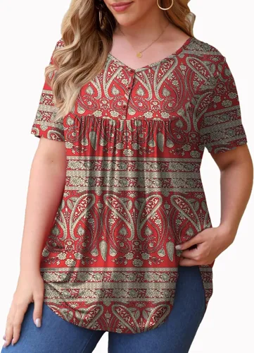 Miniatura 2 de U.Vomade - Blusas de verano con cuello en V, botones, plisadas, acampanadas y de talla extragrande para mujer, talla M - 4X