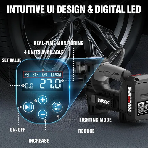 Miniatura 6 de EWORK Inflador de neumáticos de 20 V, compresor de aire portátil para neumáticos de automóvil con batería y cargador, bomba de aire inalámbrica