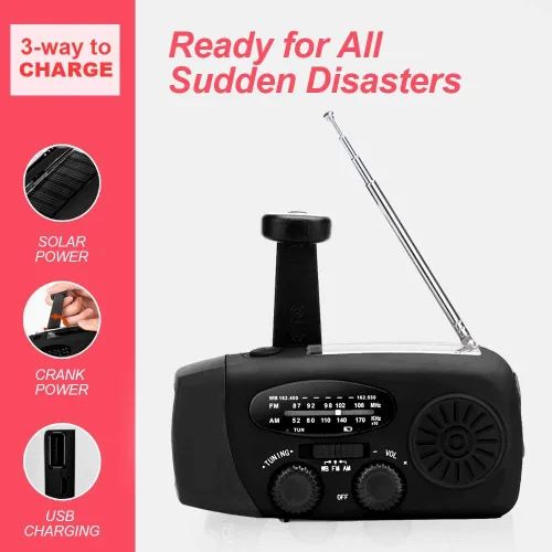 Miniatura 5 de Radio meteorológica de emergencia NOAA de 2000 mAh, manivela portátil con energía solar, radio AM/FM, cargador de teléfono recargable con linterna
