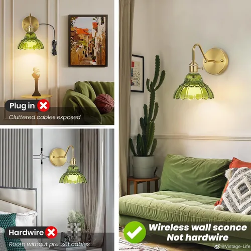 Miniatura 7 de Juego de dos apliques de pared vintage que funcionan con pilas, para interiores, no cableados, de latón y cristal verde, luces de pared RGB