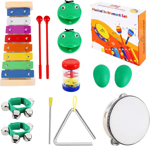 Miniatura 3 de EASTROCK Juego de 13 instrumentos musicales, el mejor regalo para niños, incluye pandereta, xilófono, instrumento triangular, agitador de huevos