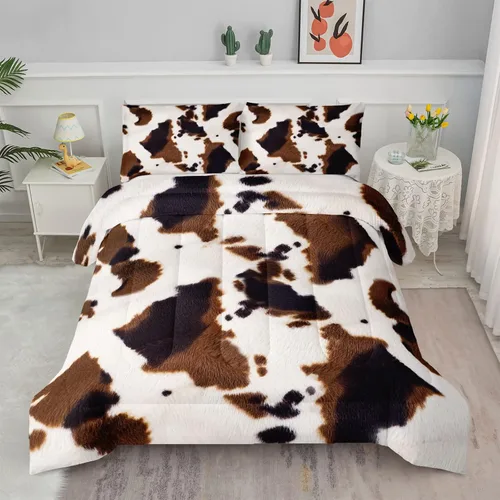 Axolotl Juego de ropa de cama de cuero de vaca occidental, juego de edredón con estampado de vaca marrón y blanco para niños, niñas, adolescentes y