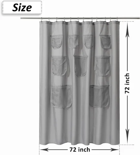 Miniatura 6 de Mrs Awesome Cortina de Ducha de Tela Gris o Forro con 9 Bolsillos de Malla, 72 x 72 pulgadas, Impermeable, Lavable y con Ojales Resistentes al